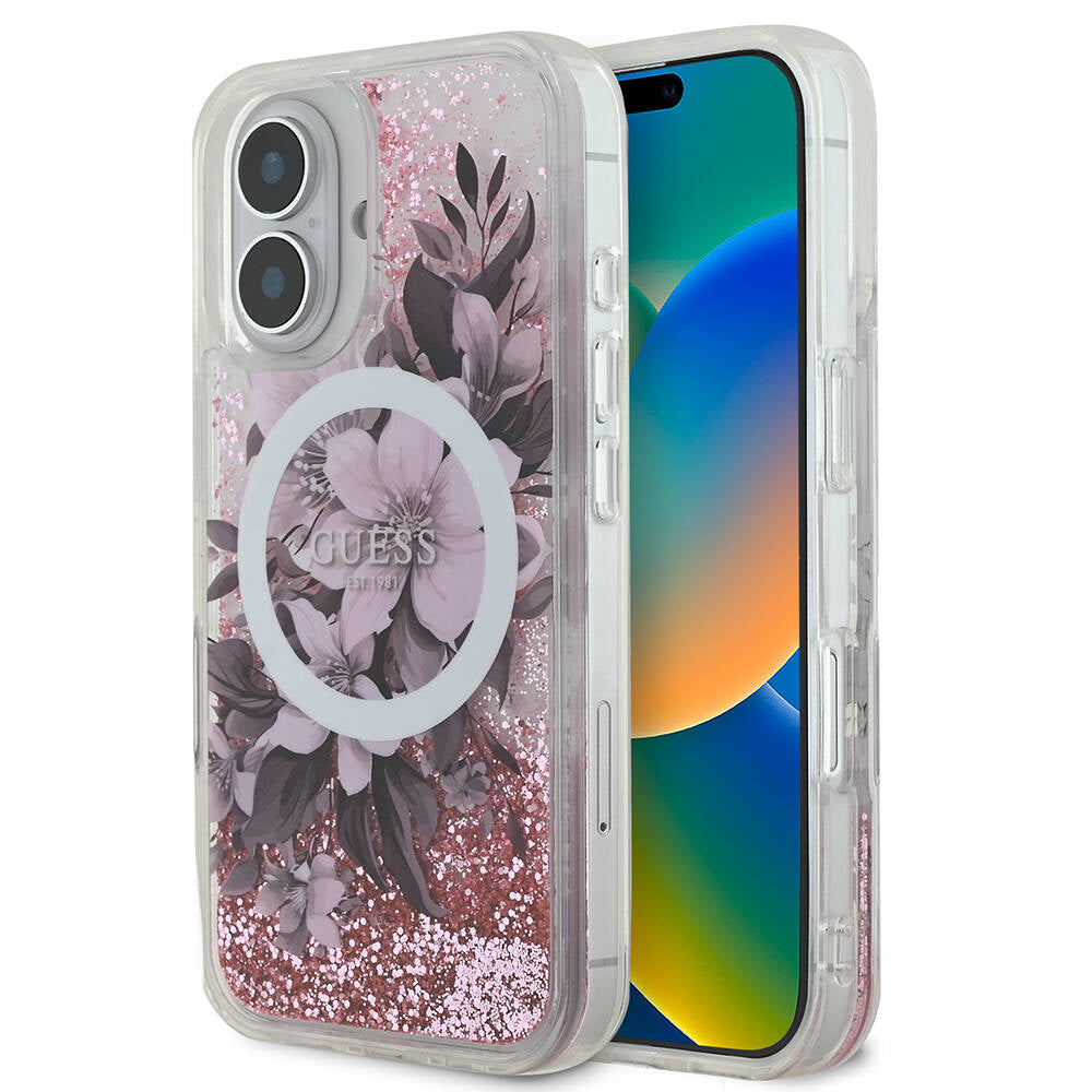 Guess iPhone 16 Orjinal Lisanslı Magsafe Şarj Özellikli Sıvılı Simli Çiçek Desenli Telefon Kılıfı - 1 Guess iPhone 16 Orjinal Lisanslı Magsafe Şarj Özellikli Sıvılı Simli Çiçek Desenli Telefon Kılıfı - 1